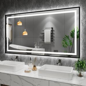 Amorho 50" X32" LED Bathroom Mirror with Black Frame, Front Light and Backlit, Stepless Dimmable, Anti-Fog, Shatter-Proof, Memory, 3 Colors, Double LED Vanity Mirror