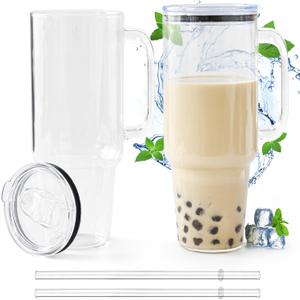 Glass Cups with Lids and Straws 40 oz Glass Tumbler with Straw and Lid 2 Pack Glass Tumbler with Handle Wide Mouth Iced Coffee Cups for Smoothies, Soda, Tea, with Acrylic Lids