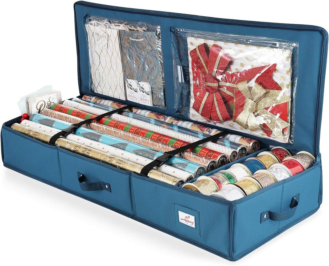 Hearth & Harbor Wrapping Paper Storage Container - Christmas Storage Bag with Interior Pockets - Gift Wrap Organizer Fits Up to 22 Rolls of 40" - Tear Proof, Blue (Medium)