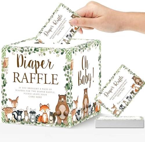 ZVAOLEE 51 Pcs Woodland Diaper Raffle Tickets with Diaper Raffle Card Box for Baby Shower Supplies, Diaper Raffle Sign Woodland Themed Insert Card, Advice and Wishes Diaper Raffle Insert Ticket