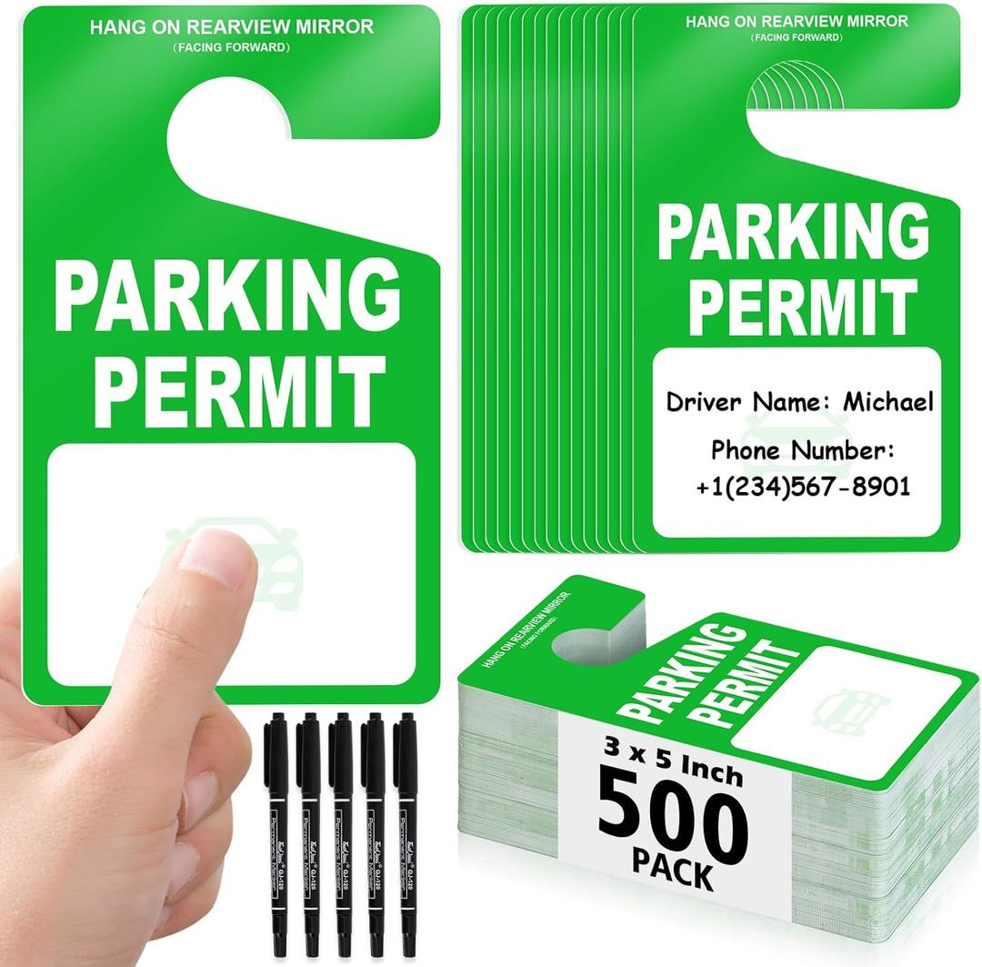 500 PCS Plastic Parking Permit Hang Tags Red Blank Rearview Mirror Placards Thick 18 Mil Waterproof PVC 3x5 Inch Single-Sided Printing with 5 Marker Pens for Temporary Parking Passes (500, Green)