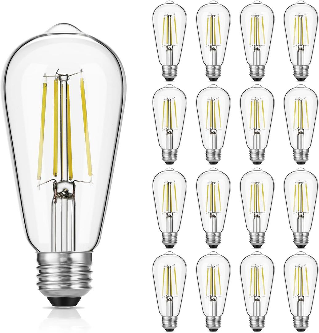 Vintage LED Edison Bulb Dimmable 60W Equivalent 750 Lumens, 6W Edison Light Bulbs Daylight White 5000K, Antique ST58 LED Filament Bulb E26 Base, CRI 90+, Clear Glass, Pack of 16
