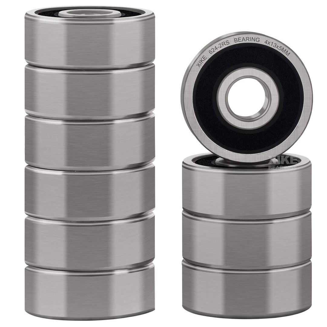 XiKe 624-2RS Double Rubber Seal Bearings 4x13x5mm, Pre-Lubricated and Stable Performance and Cost Effective, Deep Groove Ball Bearings(10 Pack).