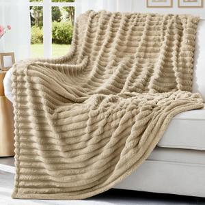 decorUhome Soft Fleece Light Brown Twin Blanket for Bed, Cozy Fluffy Plush Flannel Striped Throws for Couch Sofa, Lightweight Decorative Ribbed Fuzzy Blanket for Woman, 60x80 Inches