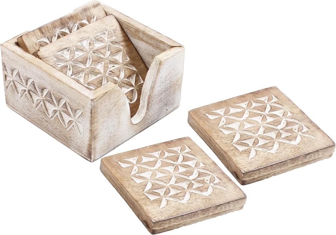 Wooden Set of 6 Whitewash Coasters with Holder Stand | White Distressed Coasters for Tea, Coffee & Drinks | Dining Table & Home Dcor (Design4)