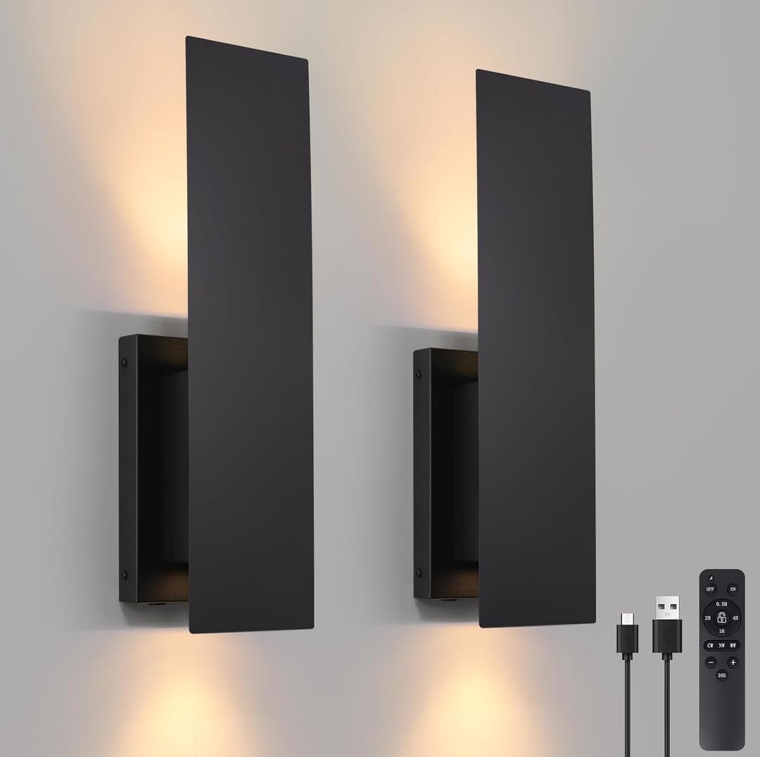Black Wireless Wall Sconces Set of Two,3000K-6000K Dimmable Battery Operated Wall Sconces with Remote,USB Rechargeable LED Wall Lights for Living Room Bedroom Hallway