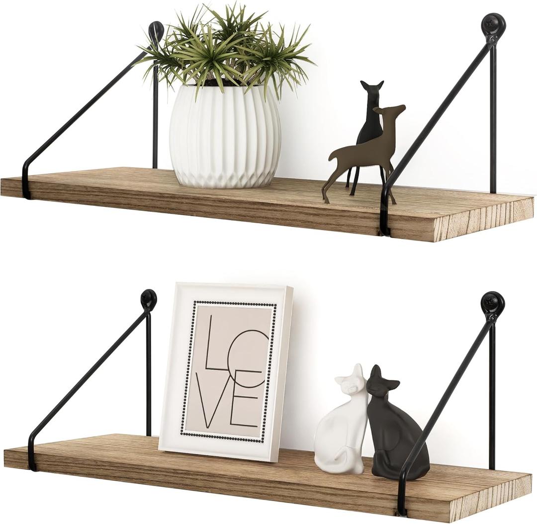 Afuly Floating Wall Shelves Rustic Wall Mounted Hanging Shelf Farmhouse Wall Bookshelf for Bathroom Kitchen Dining Living Room Wood Metal Organizers, Set of 2 (5.7"D x 16.5"W, Brown & Black)