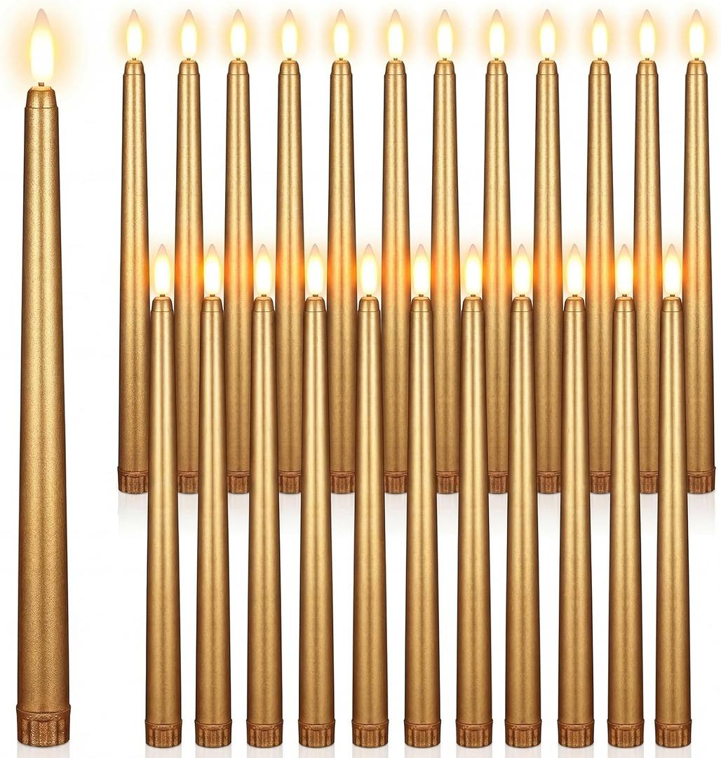 Macarrie 24 Packs Flameless Taper Candles Battery Operated Fake 11 Inch Long Candlelight LED Flameless Candlesticks Flickering Tapered for Spring Summer Wedding(Gold)