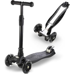 3 Wheel Scooter for Kids Ages 6-12,Kids Scooter with Light Up Wheels, Sturdy Deck Design, and 4 Height Adjustable Suitable for Kids Ages 3-12 (All Black)