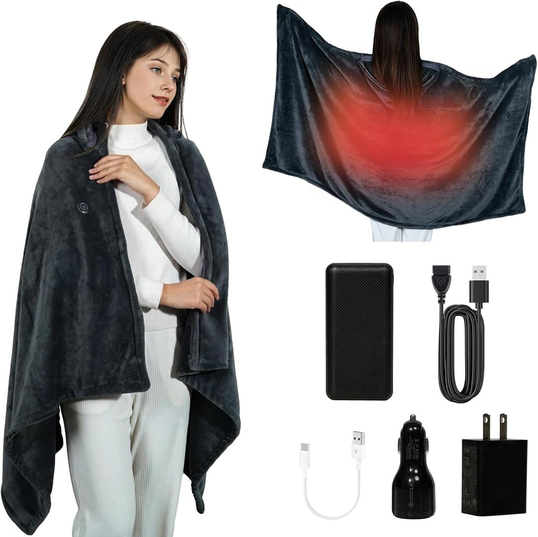 Cordless Heated Blanket, Cozy Portable Heated Blanket Battery Operated w/Hoodie, 3 Temp, 20000 mAh, Camping Wearable Blanket for Car, Heated Throw Blanket Cordless (65'' x 38'')