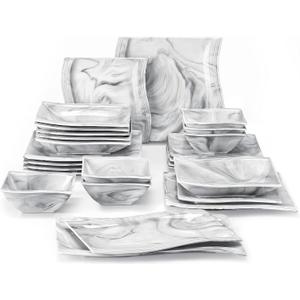 MALACASA 26-Piece Marble Grey Square Dinnerware Sets, Flora Porcelain Dinner Set for 6, Service for 6, Microwave & Dishwasher Safe, BPA, Lead & Cadmium Free