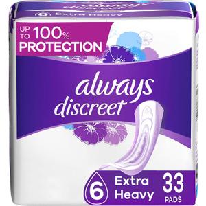 Always Discreet Incontinence Pads for Women and Postpartum Pads, Extra Heavy, 33 CT, up to 100% Bladder Leak Protection