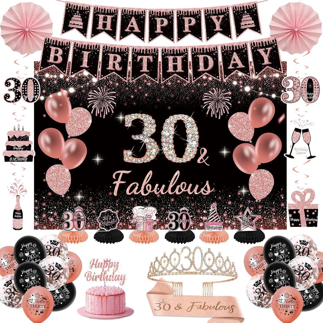 30th Birthday Decorations for Women - Rose Gold 37Pcs Complete Party Kit with Banner, Backdrop, Tiara, Sash, Cake Topper, Latex Balloons, Hanging Swirls, Centerpieces | Birthday Party Supplies