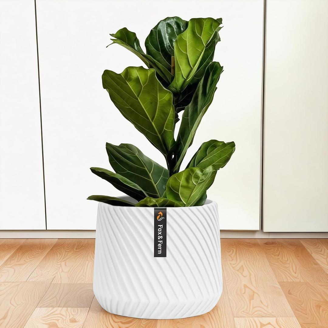 Fox & Fern Large 12 Inch Planter with Drainage Plug  Premium Polystone White Plant Pot; Modern Planter with 3D Texture and Ceramic Finish; 12 Inch Pots for Plants Indoor & Outdoor