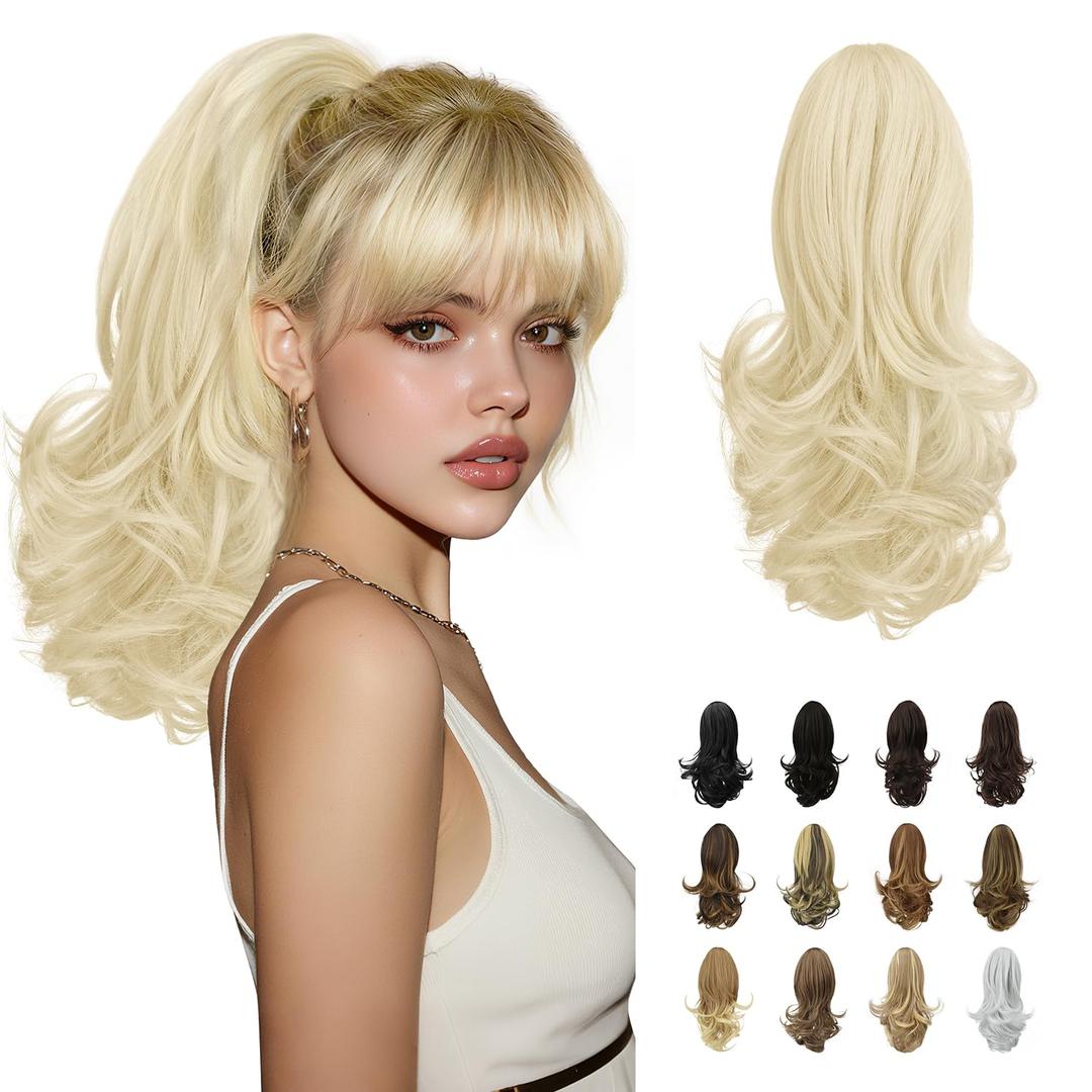 SOFEIYAN 13" Ponytail Extension Long Curly Ponytail Clip in Claw Hair Extension Natural Looking Synthetic Hairpiece for Women, Platinum Blonde