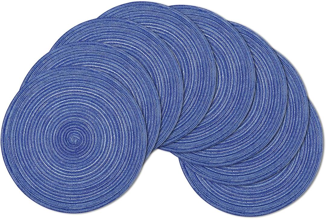 SHACOS Round Braided Placemats Set of 8 Round Table Mats for Dining Tables Washable Fabric Kitchen Table Place Mats (Blue White, 8)