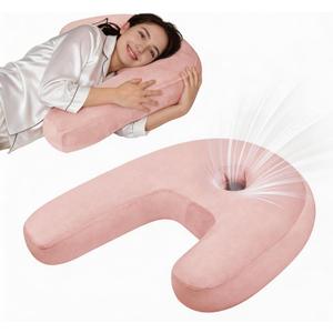Ear Piercing Pillow - Side Sleeper Body Pillow with Ear Hole for Pain Relief, J-Shaped Ergonomic Support, 20x26 Inches (Pink)
