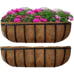 2 Packs Planter Box for Deck Railing 24" Black Metal Hanging Planter Basket with Coco Coir Liner Metal Window Planter Plant Holder Flower Pots