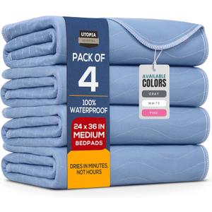 Utopia Bedding Washable Underpads 24" x 36" (Pack of 4), Waterproof Reusable Heavy Absorbency Incontinence Bed Pads for Adults, Kids, Elderly and Pets, Bedwetting Pads for Sofa and Couch (Blue)