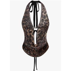 Verdusa Women's Cheetah Print Sequin Top Y2K Tie Back Corset Halter Going Out Crop Tops L Verdusa Women's Cheetah Print Sequin Top Y2K Tie Back Corset Halter Going Out Crop Tops L