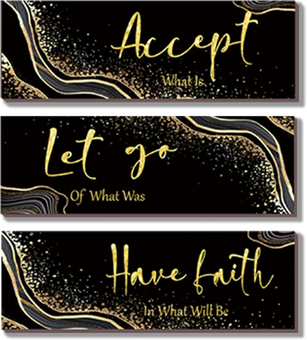 ONIZHITY 3 Pcs Black and Gold Bathroom Wall Decor Accept Let Go Have Faith Bathroom Accessories Marble Style for Women Bedroom Living Room Office(Black Gold 12x4