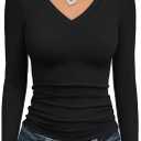 Trendy Queen Long Sleeve Shirts for Women 2026 Fall Fashion V Neck Basics Crop Tops Slim Fitted Y2K Tops Outfits Clothes (Black, S)