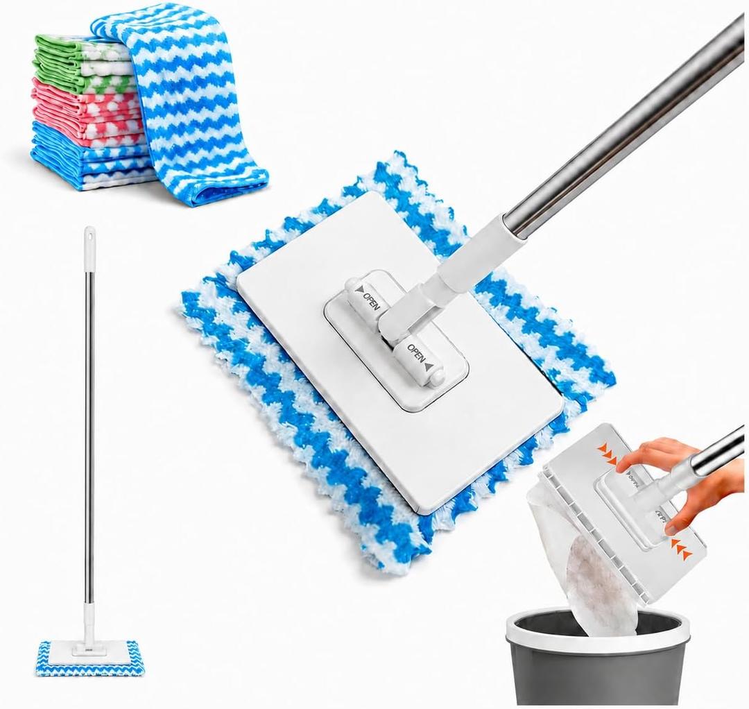 Cloth Changing Mini Mop, Hands Free Small Mop with 4-Section Handle, 3 Length Options 27.6/39.4/51.2 in, Zero-Touch Design for Kitchen, Bathroom, Windows & Corners, Wet & Dry,(10 Reusable Cloths)