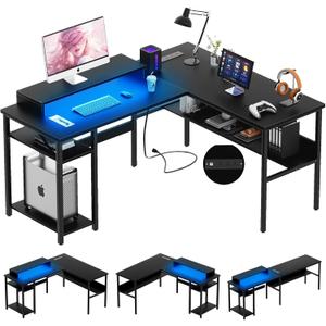 Unikito Reversible L Shaped Desk with Magic Power Outlets and Smart LED Light, Sturdy Corner Computer Desk with Monitor Stand & Storage Shelves, Gaming Table Home Office Desk, Easy Assembly, Black