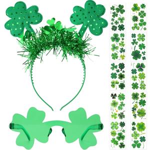 4 x 12Pcs St Patricks Day Headband Costume Accessories Set - Sequin Clover Boppers Headband Shamrock Sunglasses Temporary Tattoos Irish Costume Accessories Irish Party Cosplay Favors