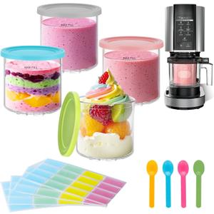 4 Pack Creami Pint Containers and Lids for Ninja, Compatible with Ninja NC299 NC300 NC301 Series Creami Maker Maker Machine Accessories, BPA Free & Dishwasher Safe, Assorted Colors (Pink, Turquoise, Blue & Grey)