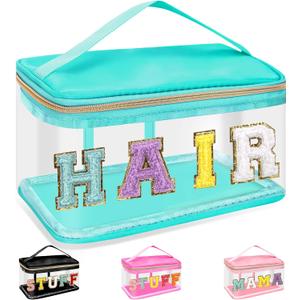 Chenille Letter Clear Makeup Bags Hair Pouch, Preppy Patch Makeup Bag Zipper with Handle, Transparent PVC & Nylon Waterproof Glitter Cosmetic Handbag Travel Toiletry Storage for Women Girl(HAIR-Green)