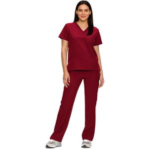 floralhue Scrubs for Women Set, Medical Women Scrubs, V-Neck Top and Straight Leg Pants with 11 Pockets (Relaxed Fit) (Large, Burgundy)