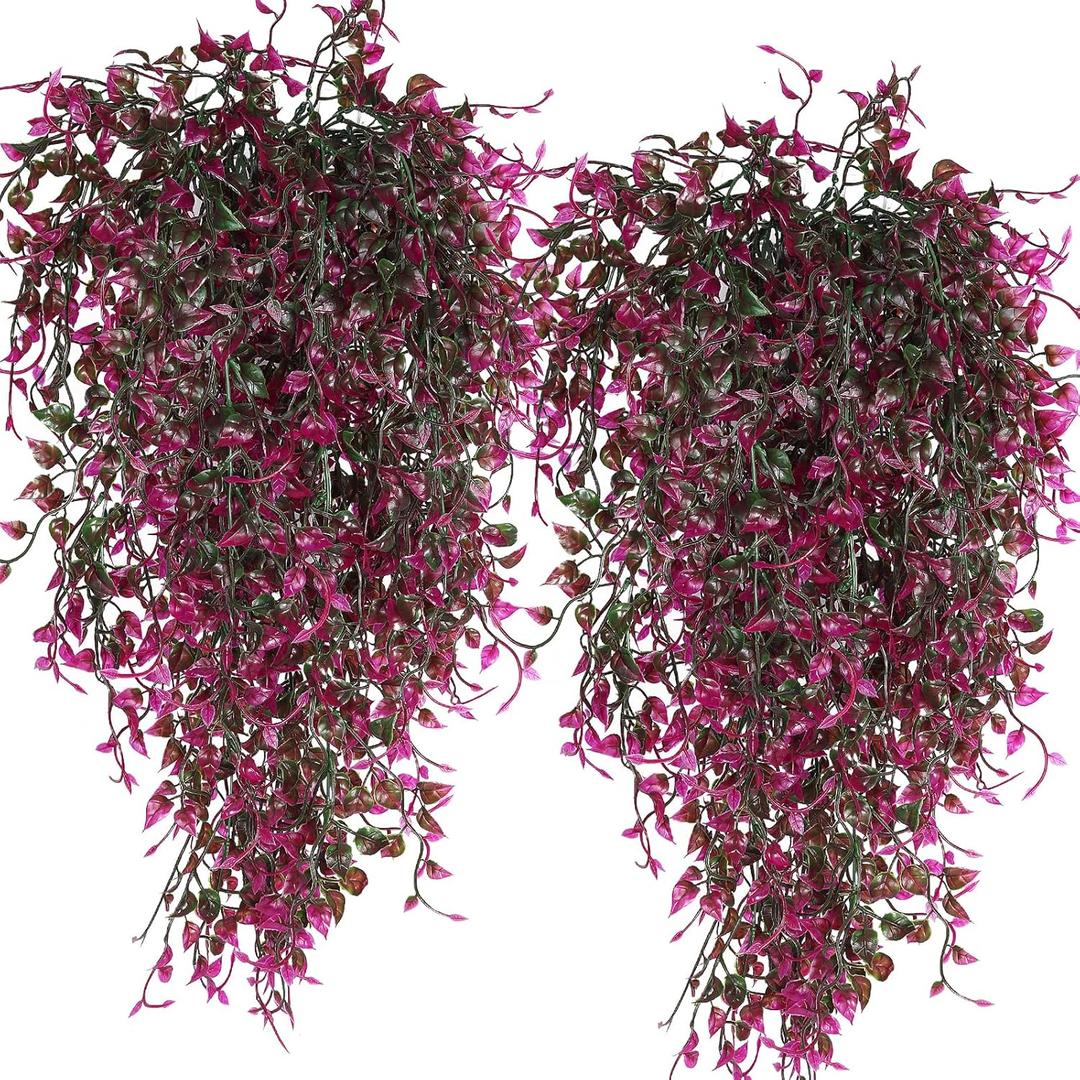 RECUTMS Artificial Hanging Plants 4pcs 33Inch Faux Eucalyptus Leaves Ivy Swag Plant UV Resistant Fake Plastic Greenery Indoor Outdoor Home Garden Office Christmas Xmas Party Spring Decor(Purple Red)