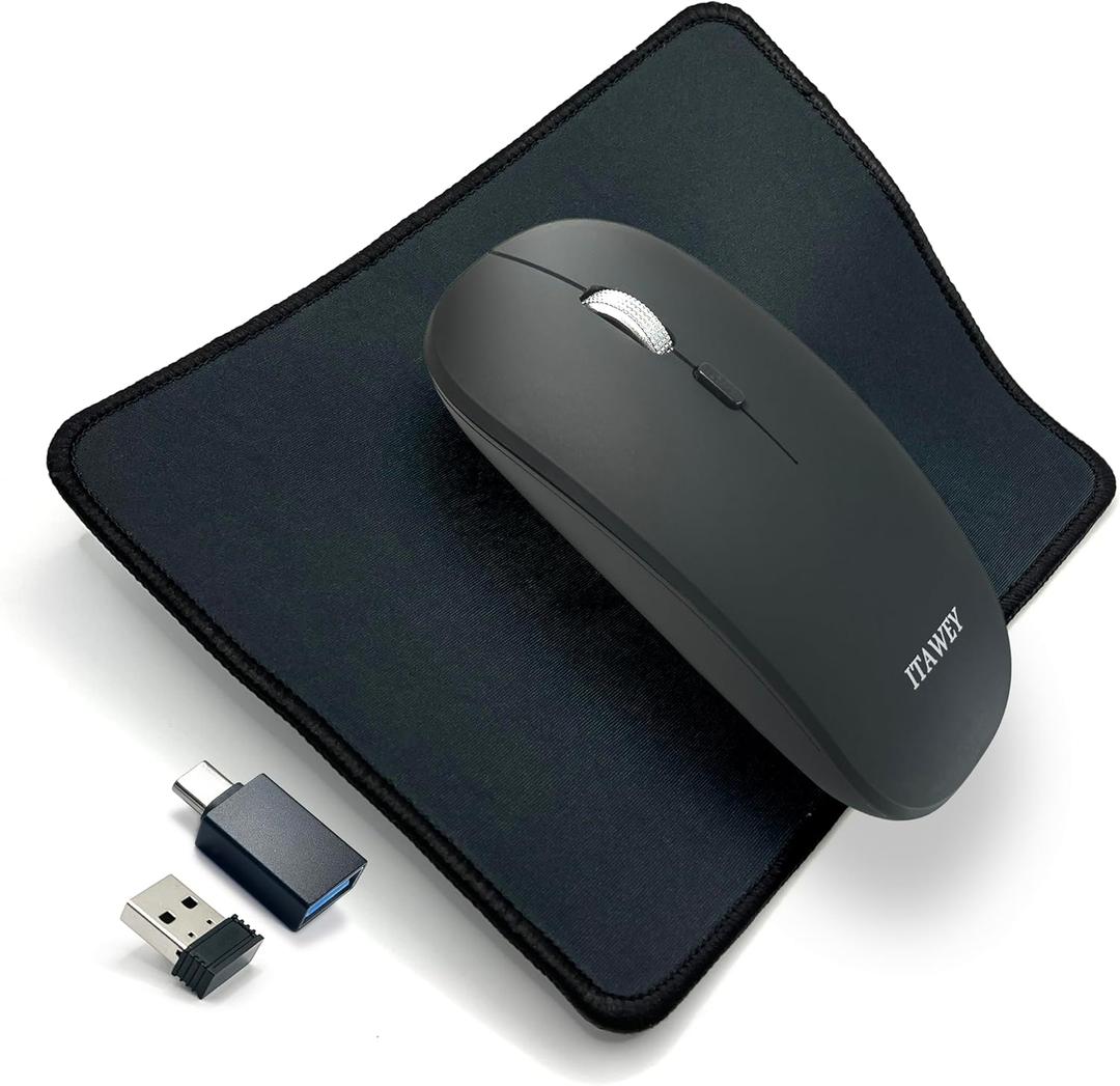 Wireless Mouse and Pad Combo, Dual Mode Bluetooth 5.2 & USB Receiver 2.4G, Rechargeable, Quiet Clicks, Compact, 1600 DPI, Precision Steel Scroll Wheel & a USB Cable-Converter, PC Laptop Tablet
