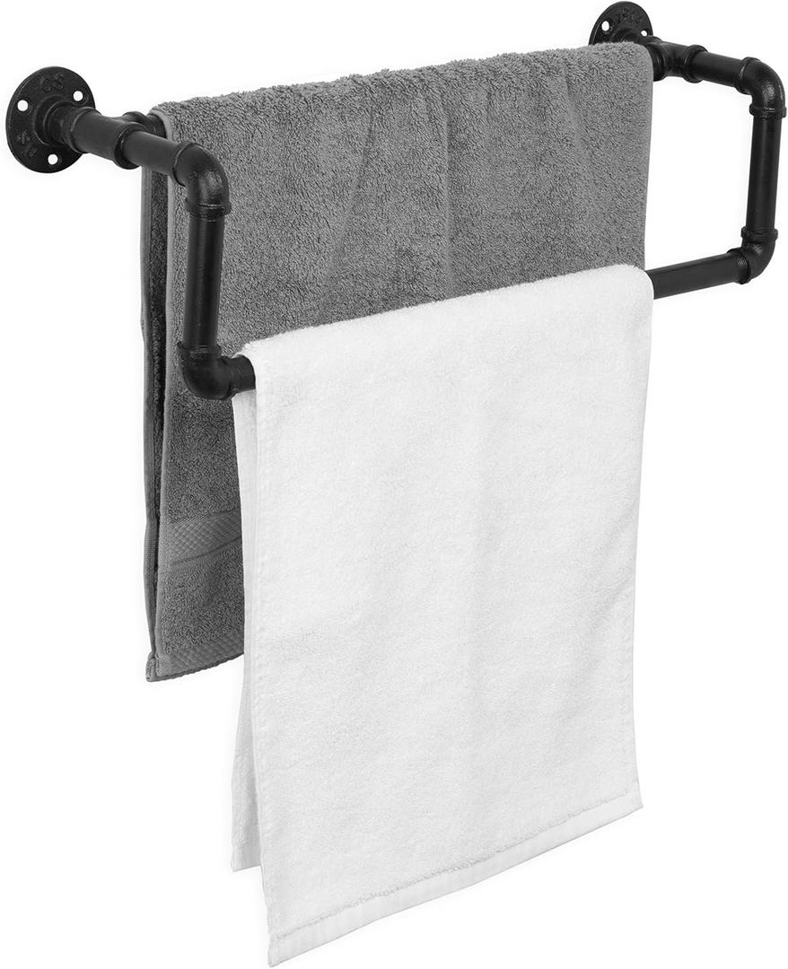MyGift Industrial Metal Matte Black Towel Bar with Realistic Pipe Design, 2 Tier Wall Mount Bathroom Fixtures Bath Towel Rack (Black)