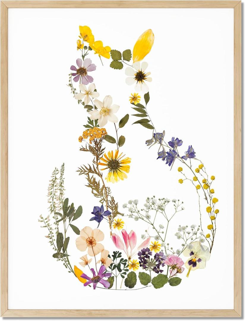 TwoDays Floral Silhouette Cat Wall Art, Cute Botanical Flower poster, Minimalist Abstract Boho Pictures Room Decor, Gift for Cat Lovers (12" X 16", UNFRAMED)