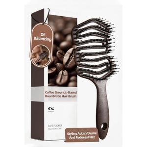 Boar Bristle Hair Brush For Fine Hair, Smoothing & Shine Enhancing Vented Detangler Wet Brushes, Slick Back Paddle Hairbrush with Nylon & Boar Bristles, Gentle Scalp Massage, Coffee Ground Infused