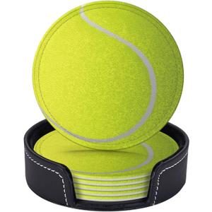 Tennis Ball Coasters for Drinks with Holder Round Leather Coasters Set of 6 Cups Mugs Mat Pad for Home Kitchen Bar