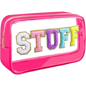 Preppy Patch STUFF Makeup Bag Chenille Letter Cosmetic Bag for Women, Transparent PVC Zipper Patch Bags Organizer Waterproof Portable Travel Makeup Bag for Women Girls Teens (Pink)