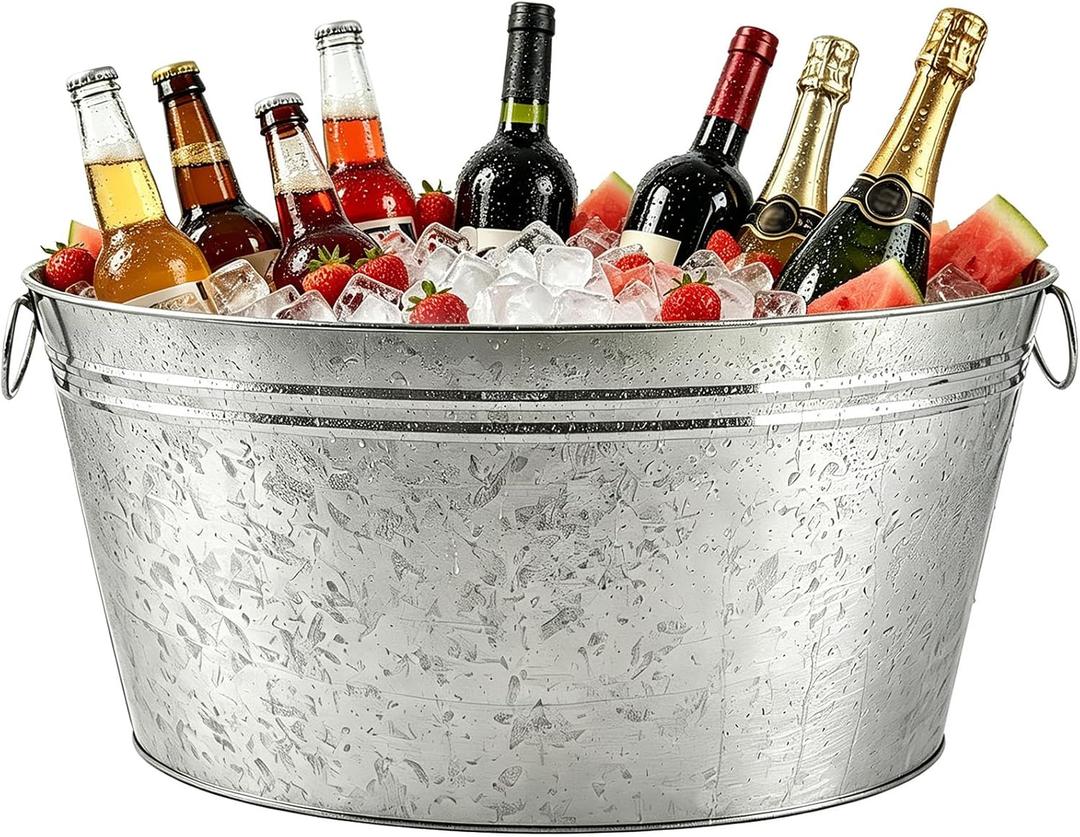 OBTANIM 1 Pack Large 6 Gallon Galvanized Ice Buckets Metal Champagne Drink Cooler Ice Beverage Tub with Carry Handles for Beer Wine Bar Home Pool Parties Cooling Supplies (Silvery)