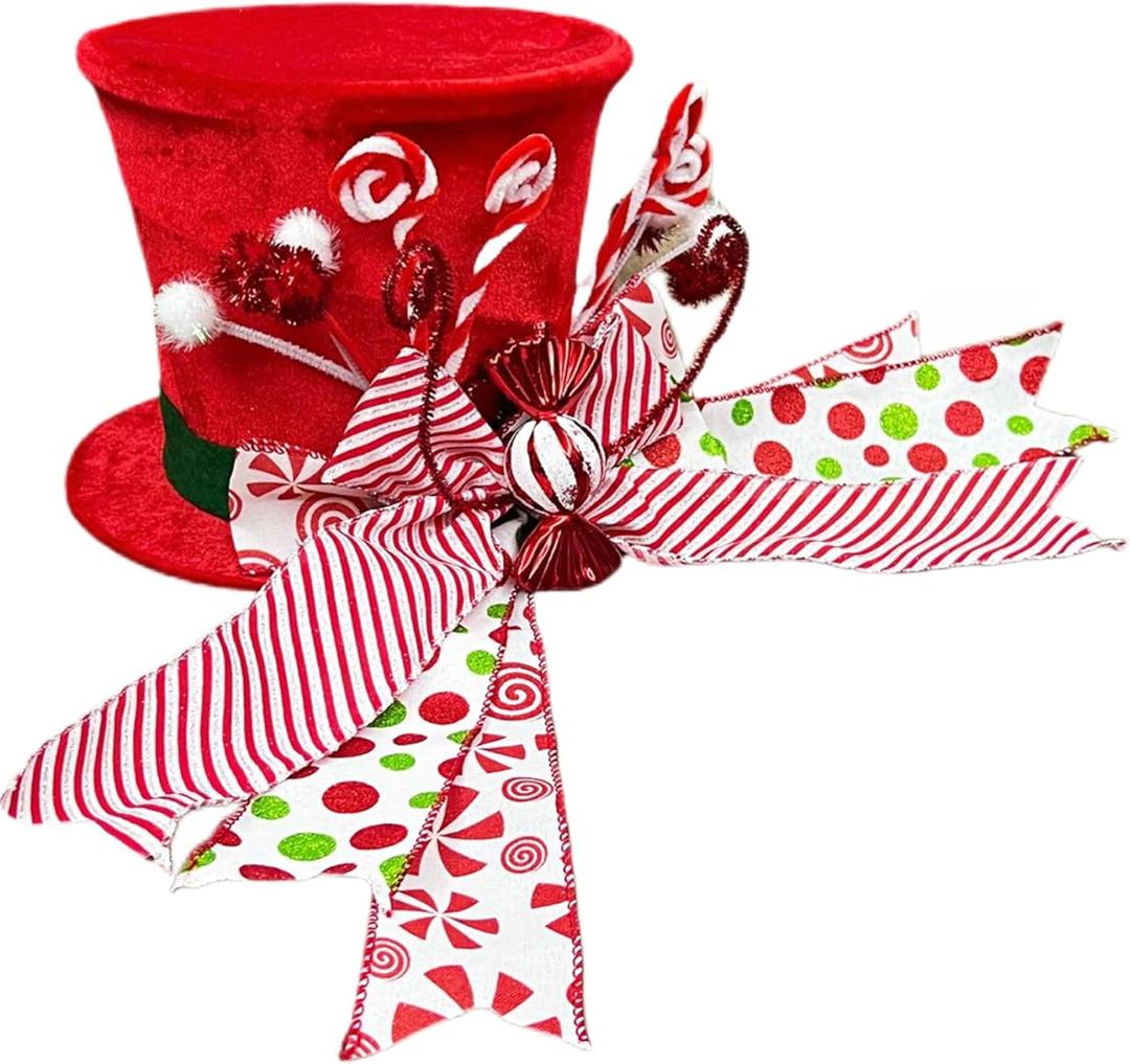 Christmas Tree Topper 9.8 X 8.3 Inch Collapsible Christmas Tree Topper with Bow and Crutch Candy Decorations Top Hat for Xmas Festive Decor