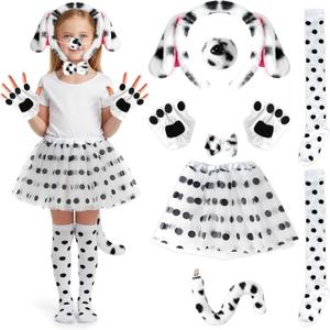 Girls Dalmatian Costume Kids Outfit - Dalmatian Dog Costume Accessories with Skirt Ears Headband Nose Tail Bow Tie Gloves Socks Choker, 100th Days of School Animal Cosplay Party Supplies Favor