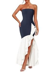 ZESICA Women's 2025 Summer Strapless Bodycon Maxi Dress Ribbed Sexy High Split Mermaid Prom Party Dresses, Navy, Medium