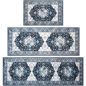 Kitchen Rug Set 3Pcs, Boho Rug Sets Non Slip Washable for Floor Thick Farmhouse Kitchen Decor Runner Rugs for Kitchen, EntrywayLaundry, Hallways 20''x32''+20''x48''+20''x59 (Blue)