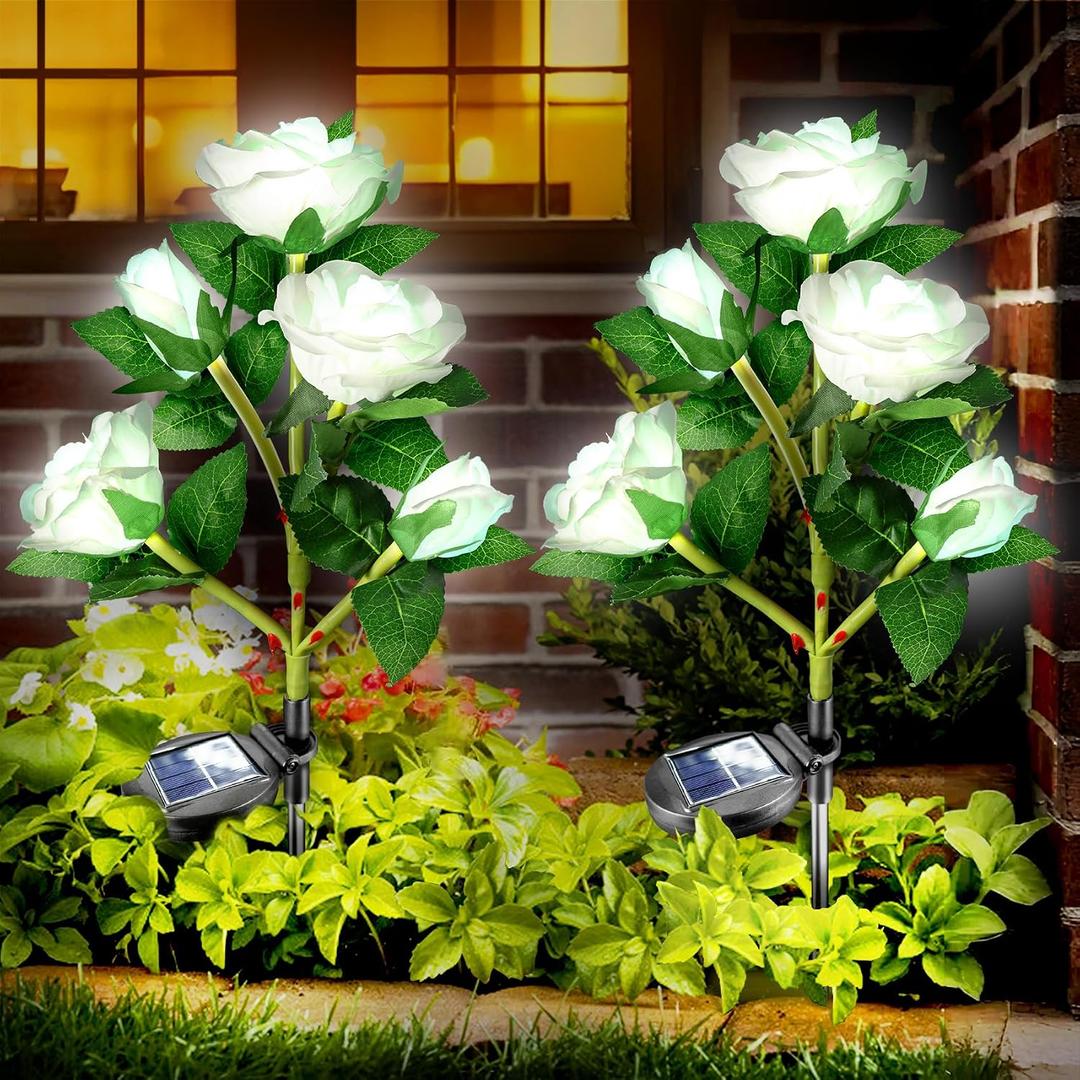 Anordsem Solar Garden Lights Outdoor: 10 Waterproof Fabric Roses 2 Pack - White LED Flower Decorations for Yard Patio Path Cemetery Grave - Mother 's Day Gift for Her Women Mom Wife
