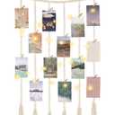 Mkono Macrame Hanging Photo Display Wall Decor with String Lights, Boho Wooden Beads Garland Collage Picture Card Frame Holder with 30 Clips for Bedroom Living Room Dorm, Teen Girls Christmas Gifts (Medium, Ivory)