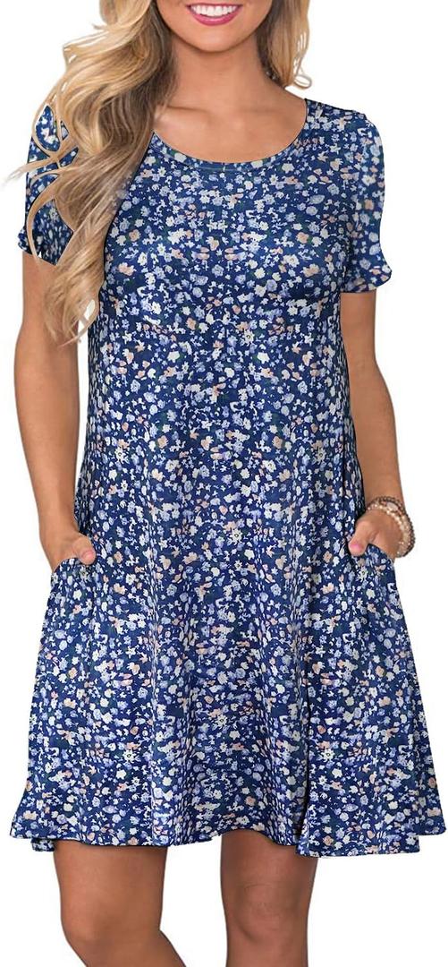 FZ FANTASTIC ZONE Women's Casual Summer T Shirt Dresses Short Sleeve Swing Dress with Pockets (Blue, XL)