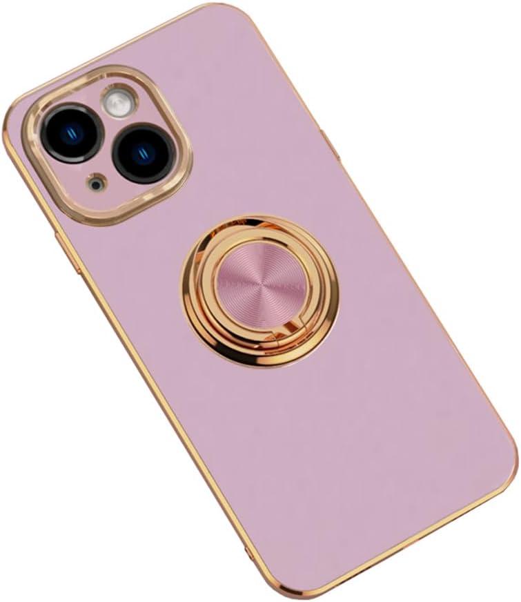 Silicone Case for iPhone 13 Mini with Magnetic Attraction Metal Ring Holder Stand, Edge Plated Shockproof Non-Slip Ultra Thin Phone Protective Cover for iPhone 13 Mini 5.4 inch Purple (Purple)