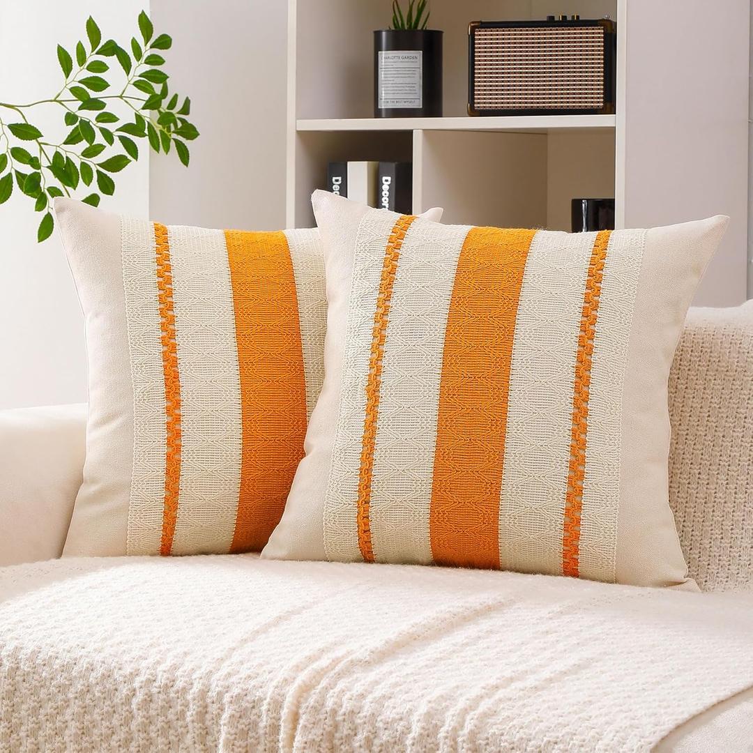 Boho Throw Pillow Covers Set of 2 Linen Farmhouse Pillow Covers 18x18,Rustic Decorative Throw Pillow Cover for Couch,Bed,Living Room (Tangerine Yellow, 18" x 18")
