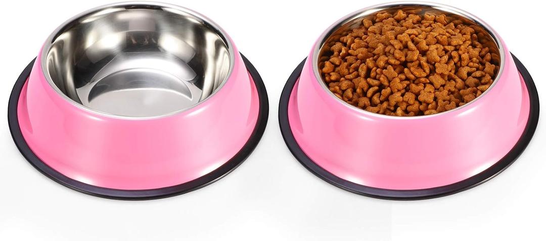Stainless Steel Dog Bowls, Food and Water Non Slip Anti Skid Stackable Pet Puppy Dishes for Small, Medium and Large Dogs (2 Pack) (1.5 Cup/12 oz, Pink)